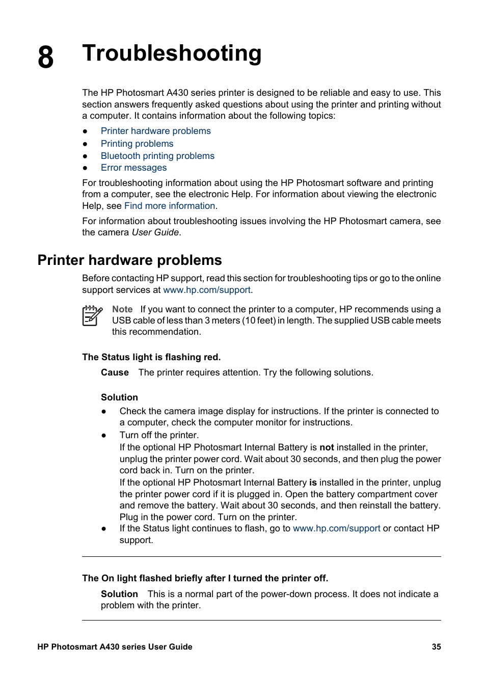Troubleshooting, Printer hardware problems, Troubleshooting printer hardware problems | HP A430 User Manual | Page 38 / 62