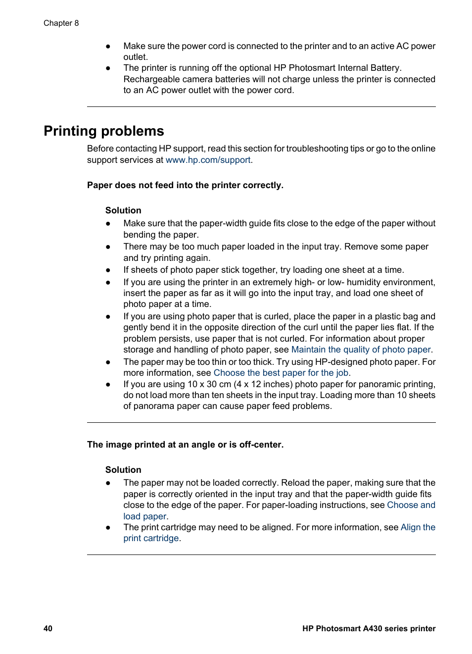 Printing problems | HP A430 User Manual | Page 43 / 62