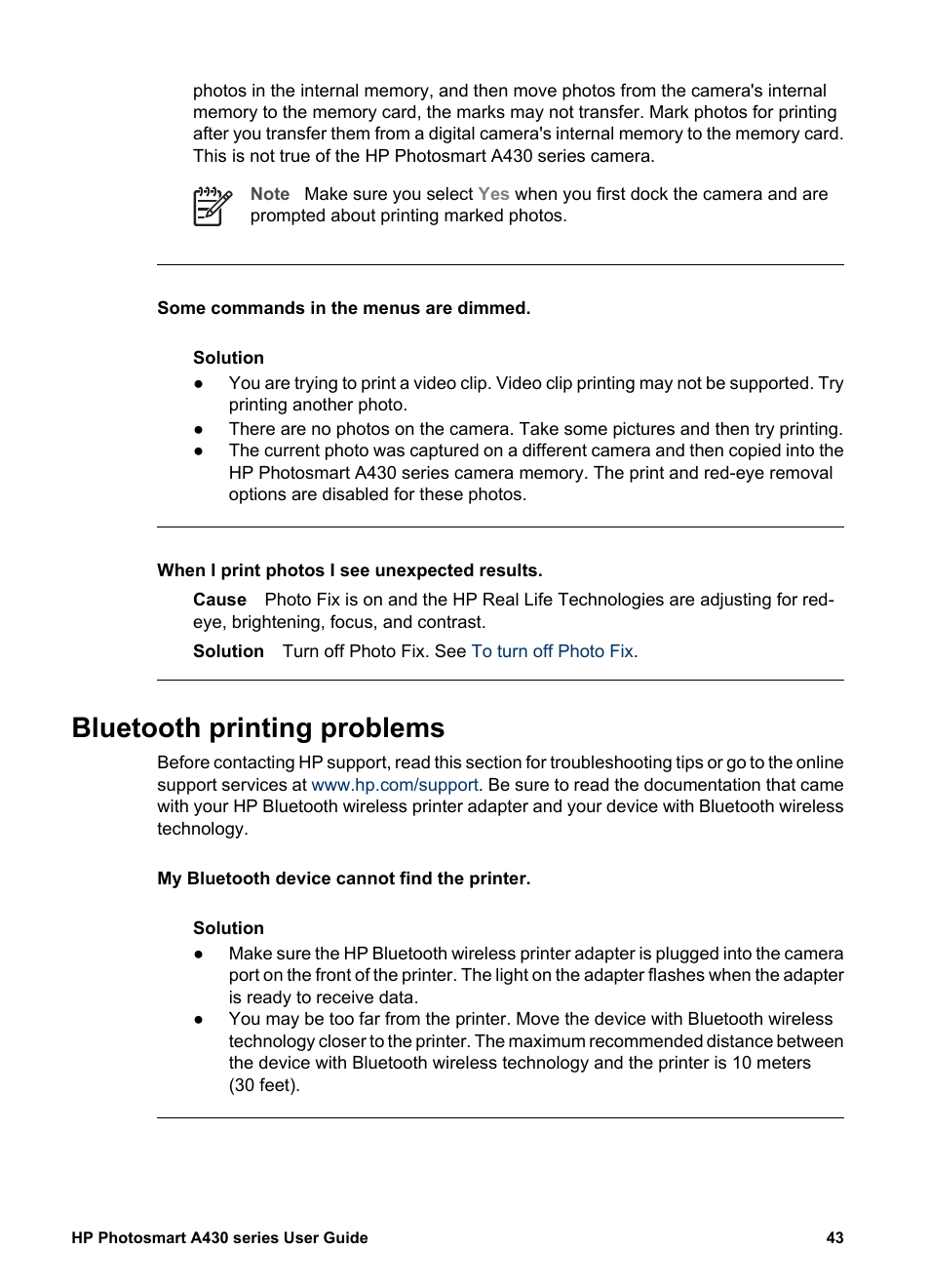 Bluetooth printing problems | HP A430 User Manual | Page 46 / 62