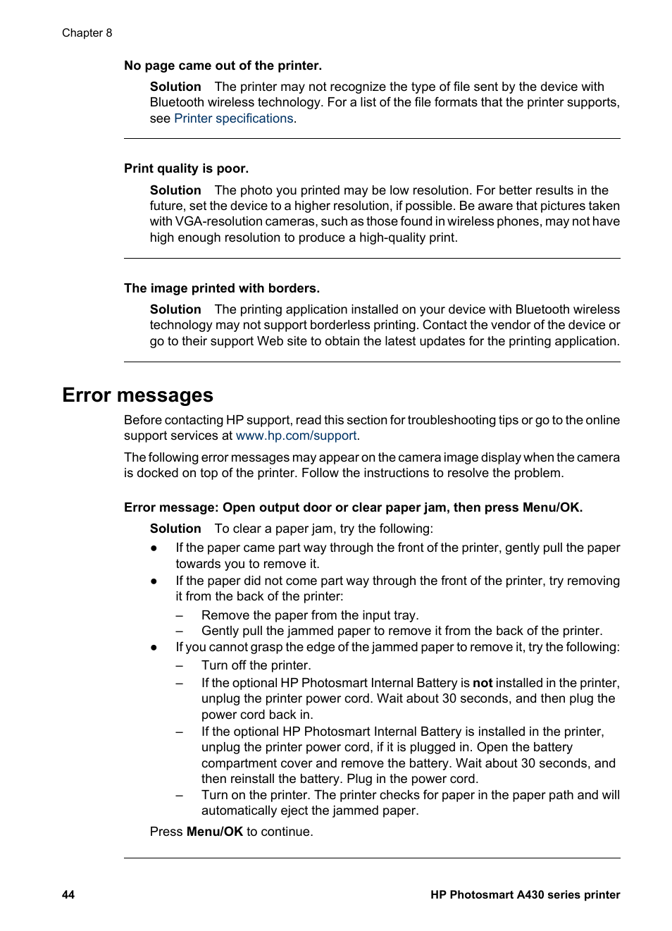 Error messages | HP A430 User Manual | Page 47 / 62