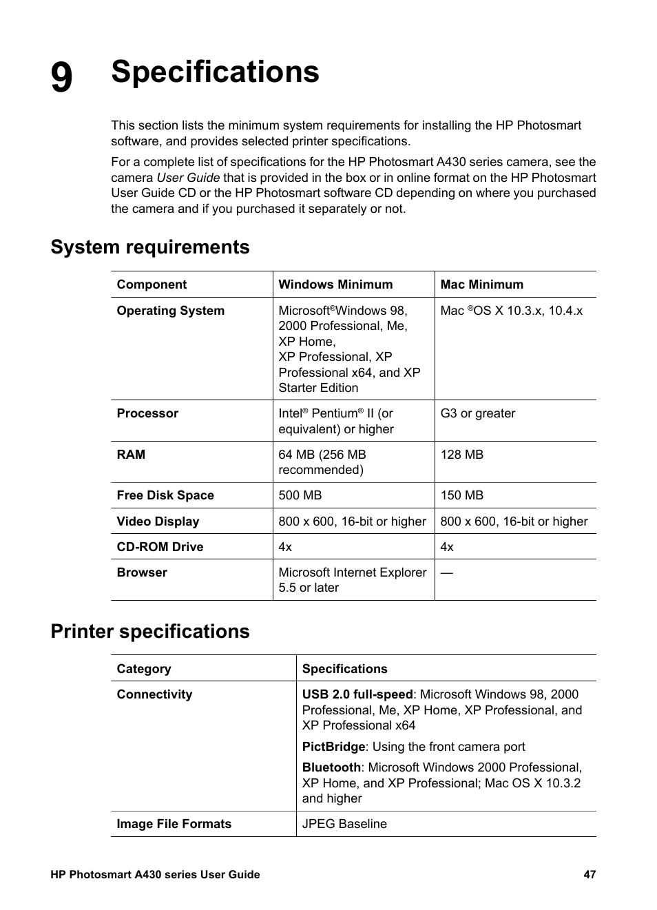 Specifications, System requirements, Printer specifications | HP A430 User Manual | Page 50 / 62