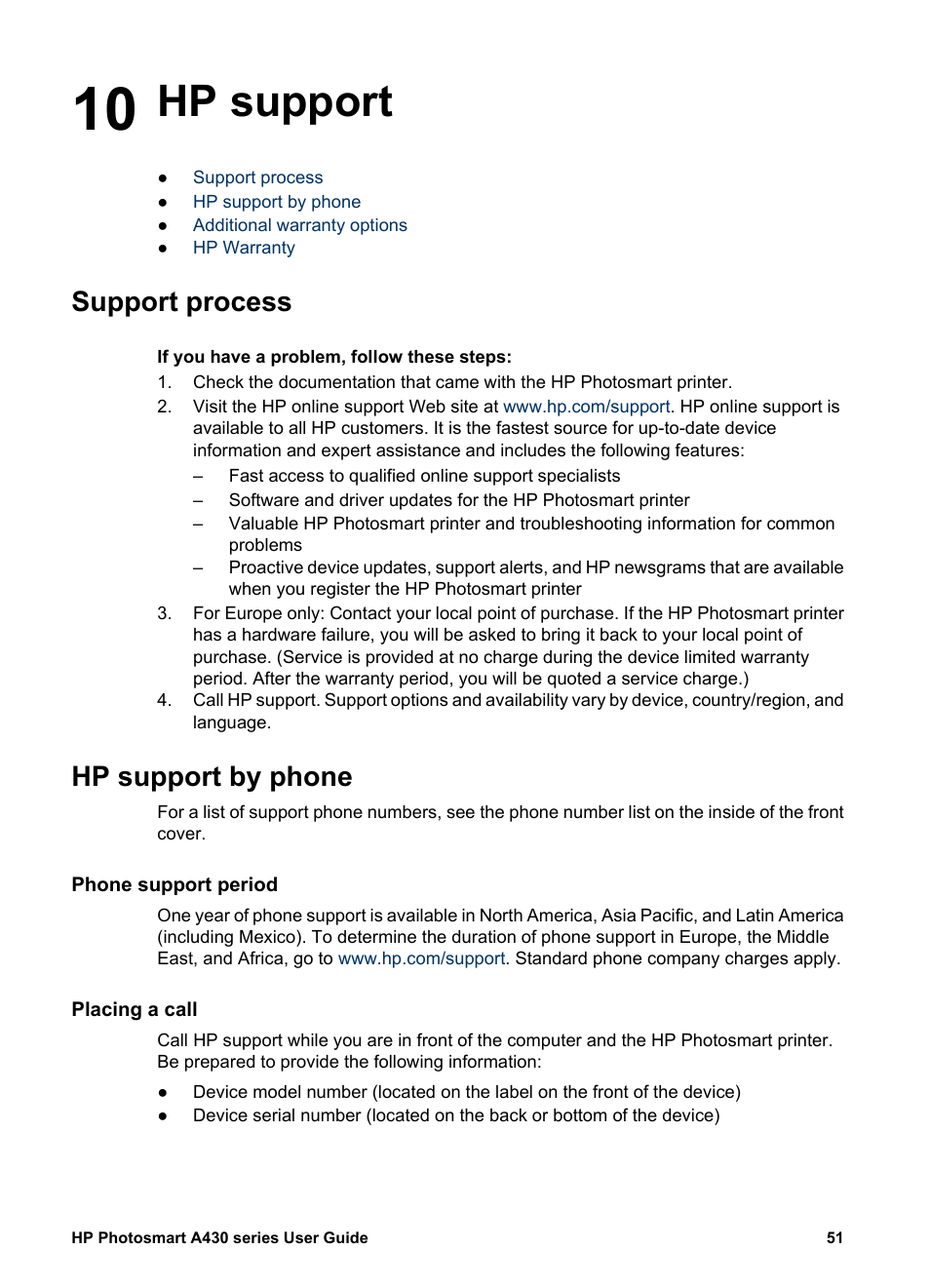 Hp support, Support process, Hp support by phone | Phone support period, Placing a call, 10 hp support, Support process hp support by phone | HP A430 User Manual | Page 54 / 62