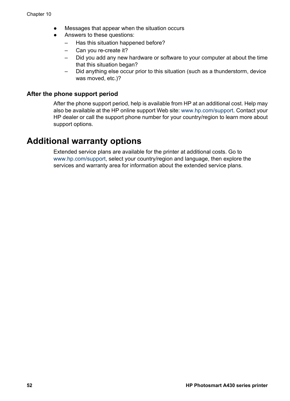 After the phone support period, Additional warranty options | HP A430 User Manual | Page 55 / 62