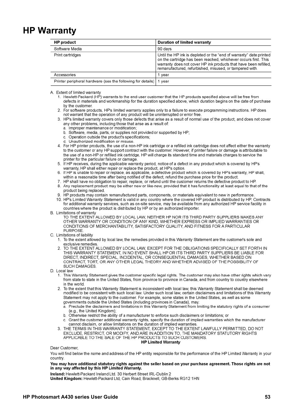 Hp warranty | HP A430 User Manual | Page 56 / 62