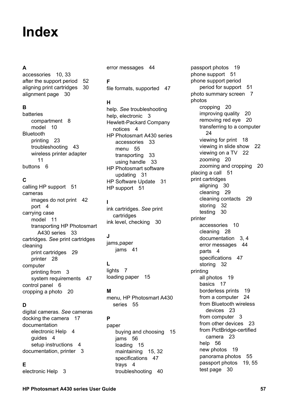 Index | HP A430 User Manual | Page 60 / 62