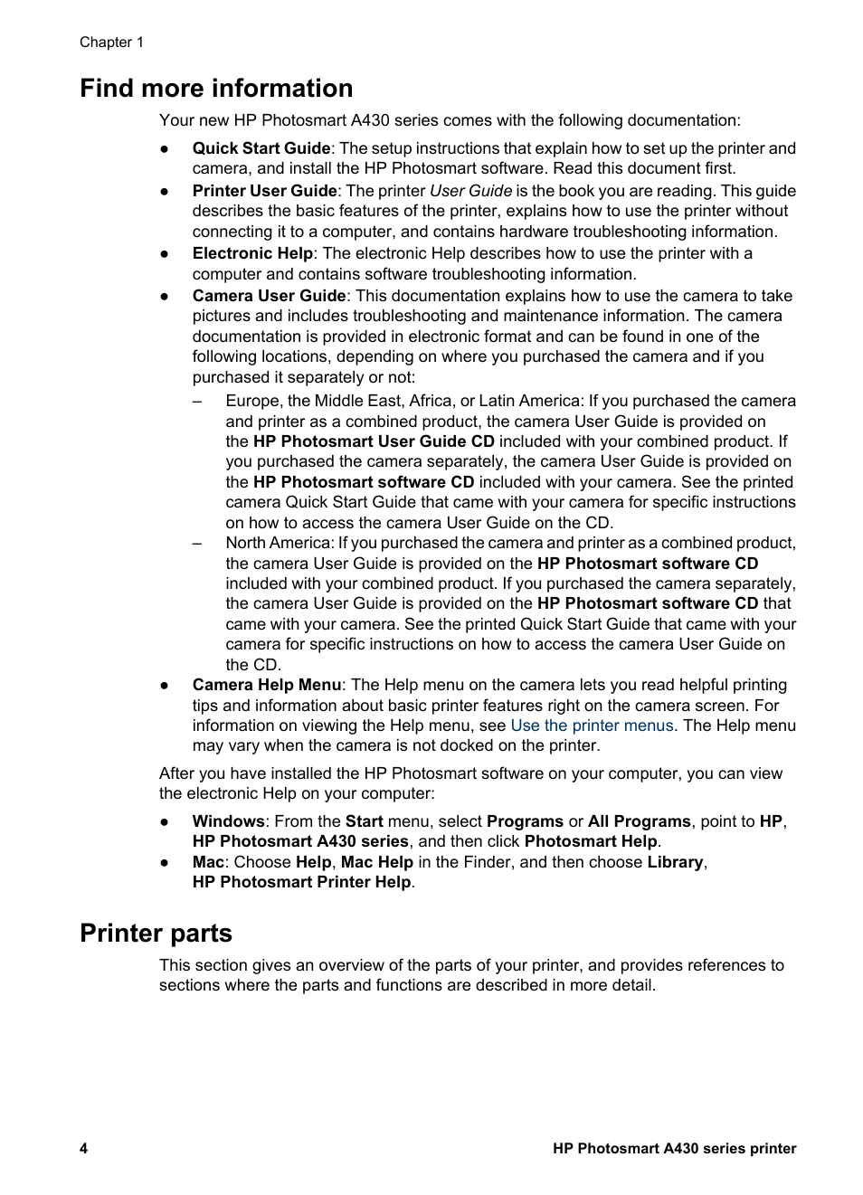 Find more information, Printer parts, Find more information printer parts | HP A430 User Manual | Page 7 / 62