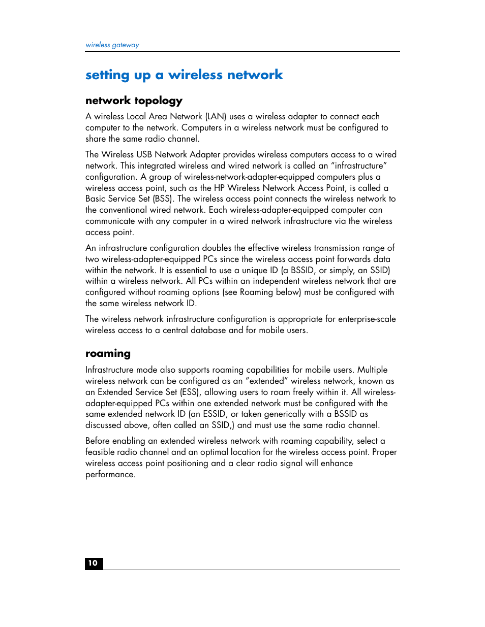 Setting up a wireless network, Network topology, Roaming | HP hn200w User Manual | Page 10 / 94