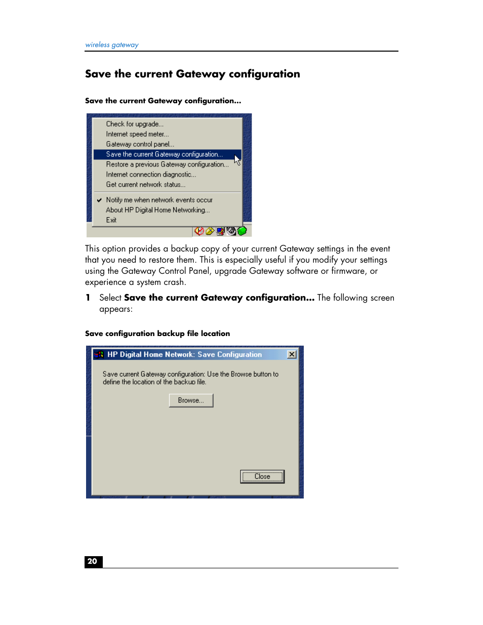 Save the current gateway configuration | HP hn200w User Manual | Page 20 / 94