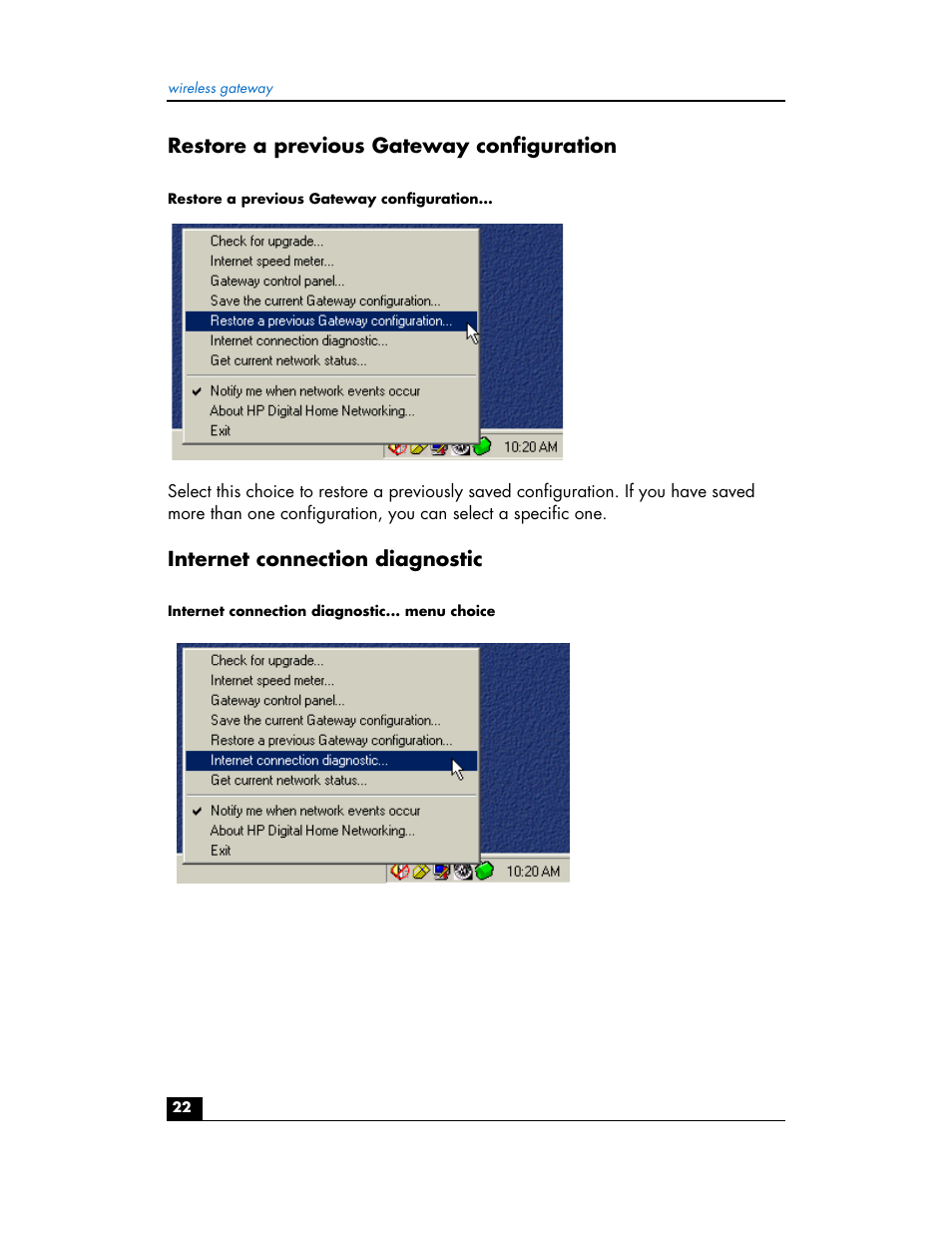 Restore a previous gateway configuration, Internet connection diagnostic | HP hn200w User Manual | Page 22 / 94