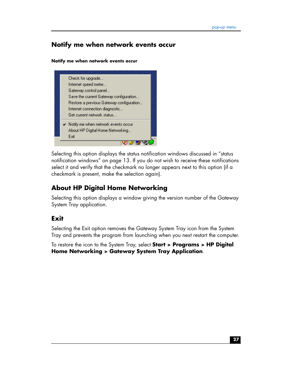 Notify me when network events occur, About hp digital home networking, Exit | HP hn200w User Manual | Page 27 / 94