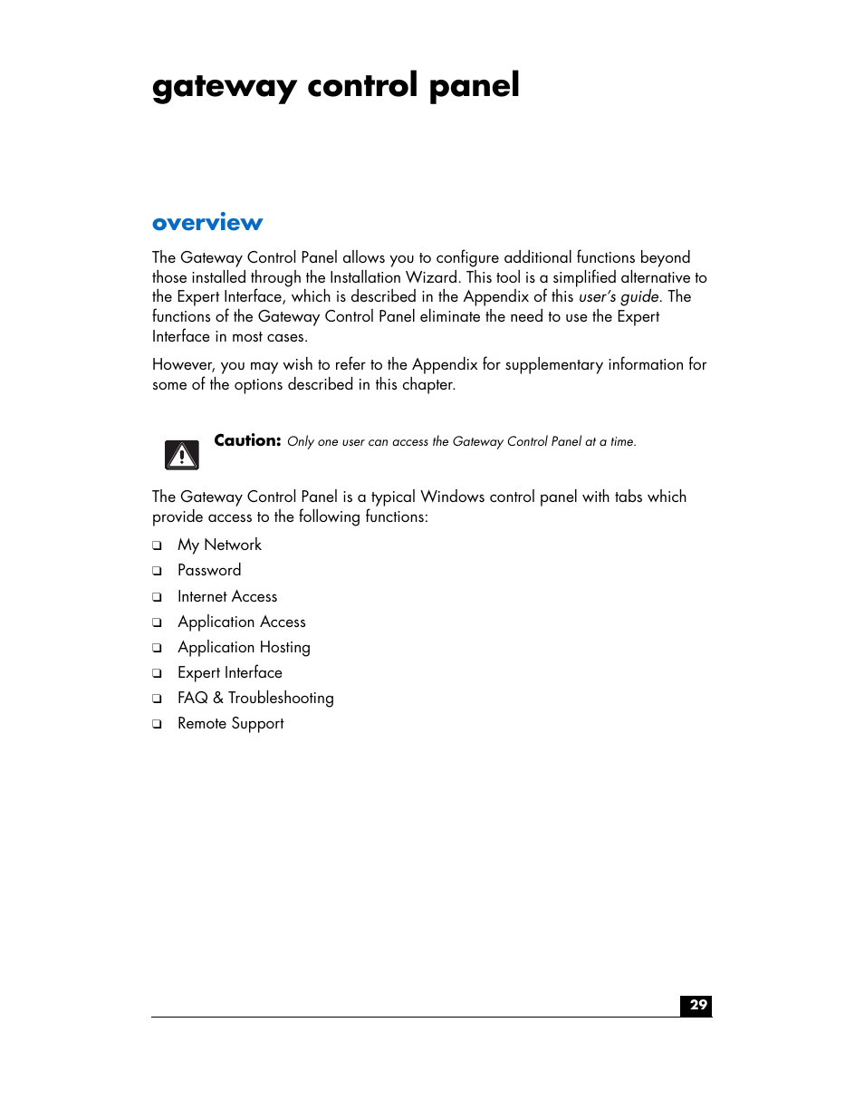 Gateway control panel, Overview | HP hn200w User Manual | Page 29 / 94