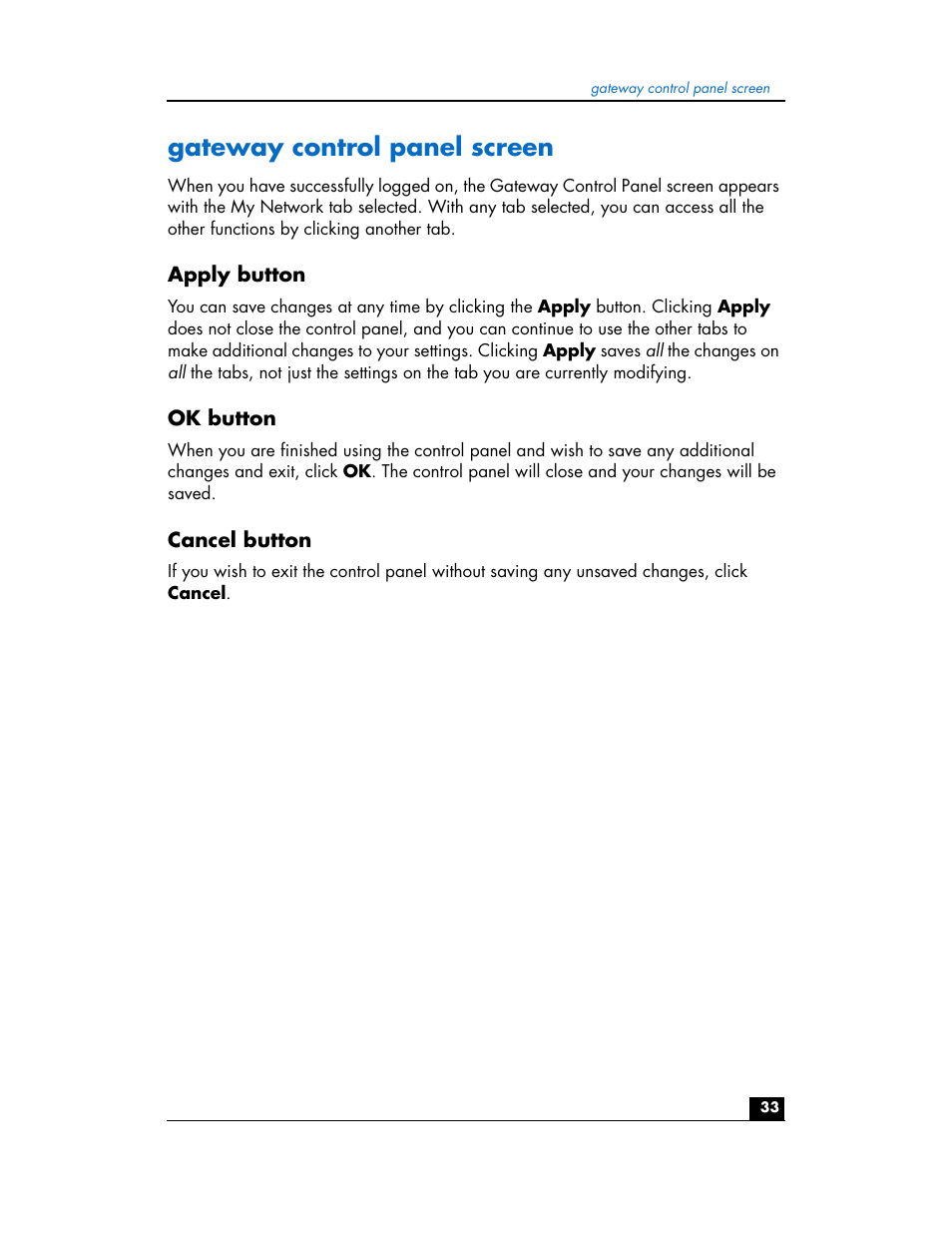 Gateway control panel screen, Apply button, Ok button | Cancel button | HP hn200w User Manual | Page 33 / 94