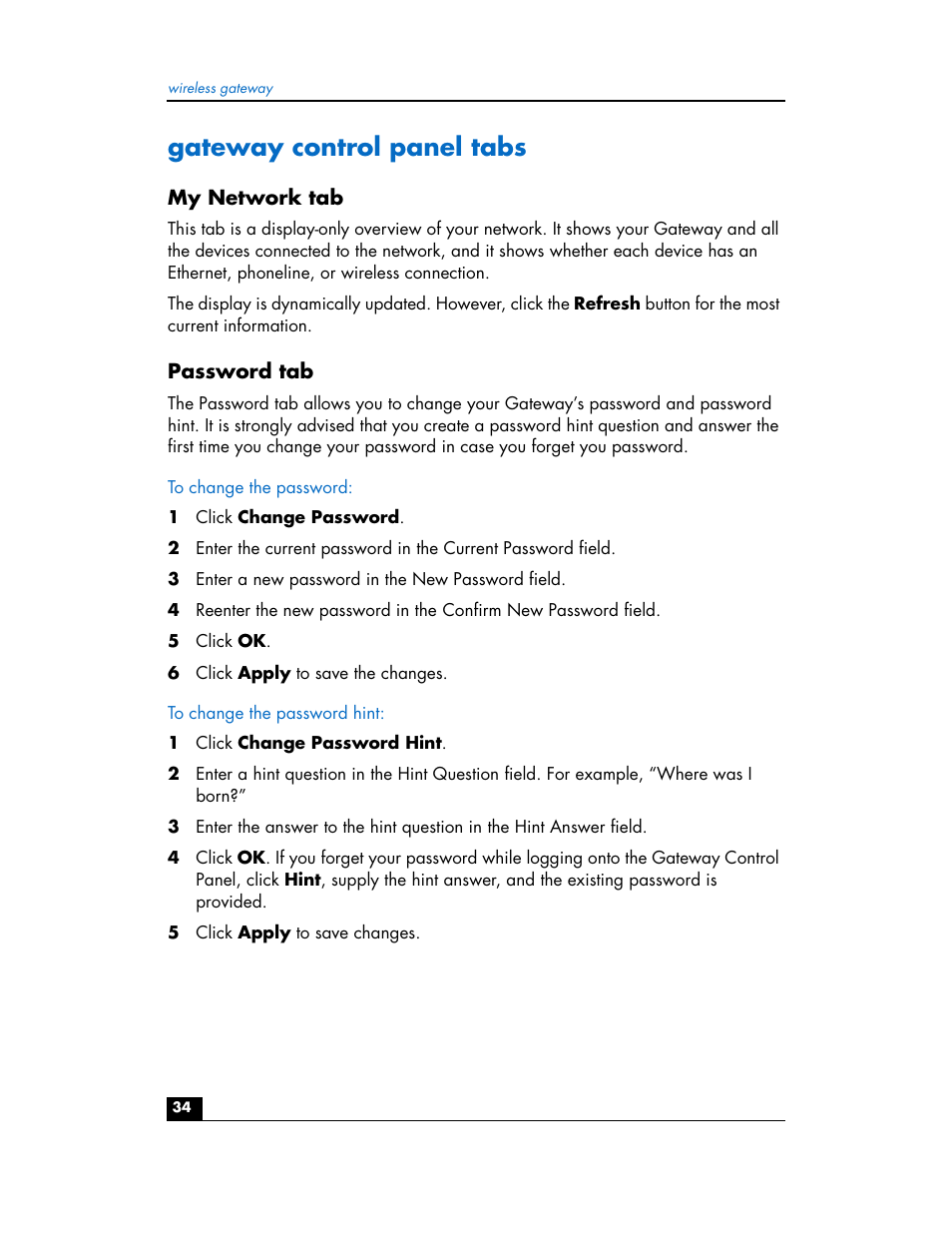 Gateway control panel tabs, My network tab, Password tab | HP hn200w User Manual | Page 34 / 94