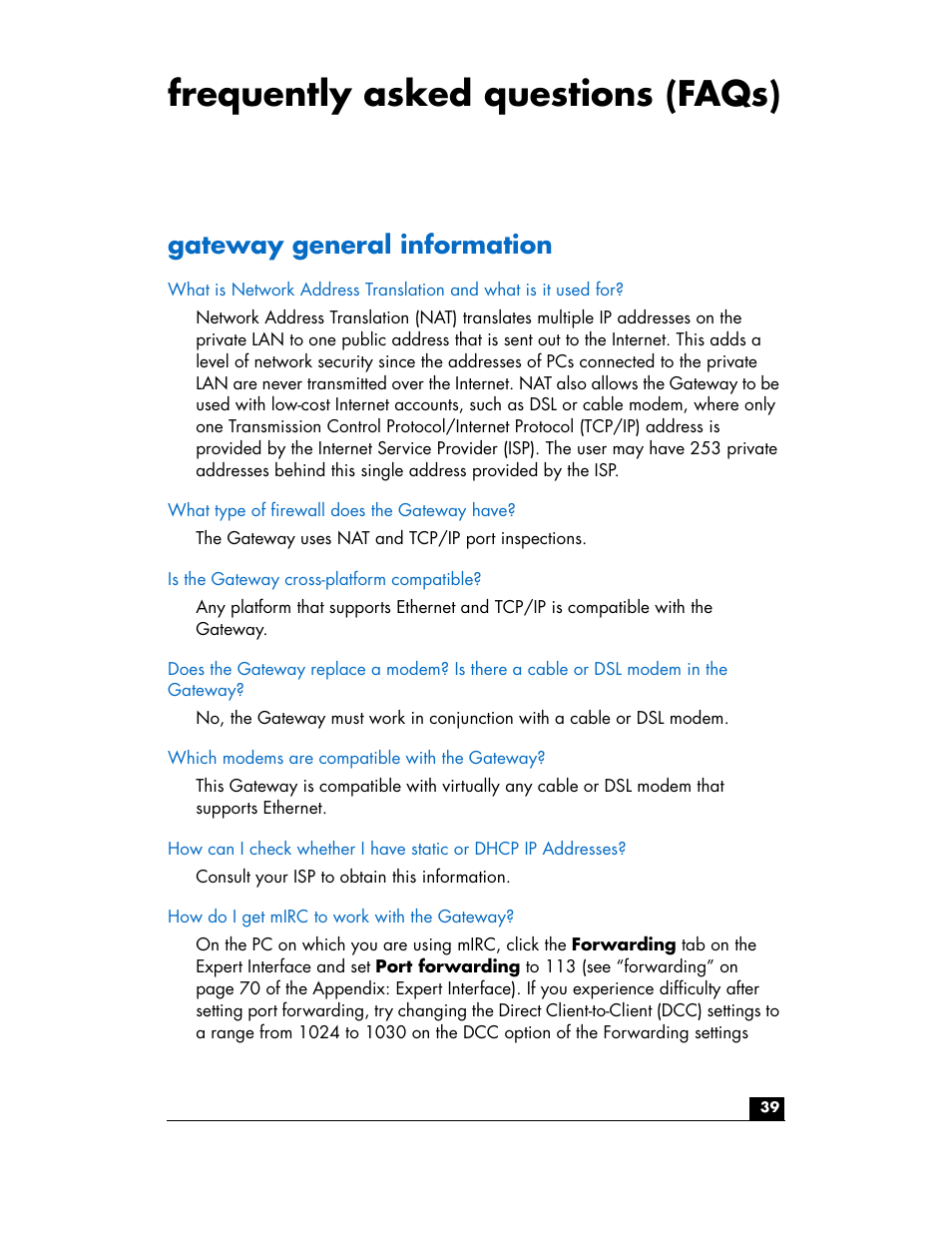 Frequently asked questions (faqs), Gateway general information | HP hn200w User Manual | Page 39 / 94