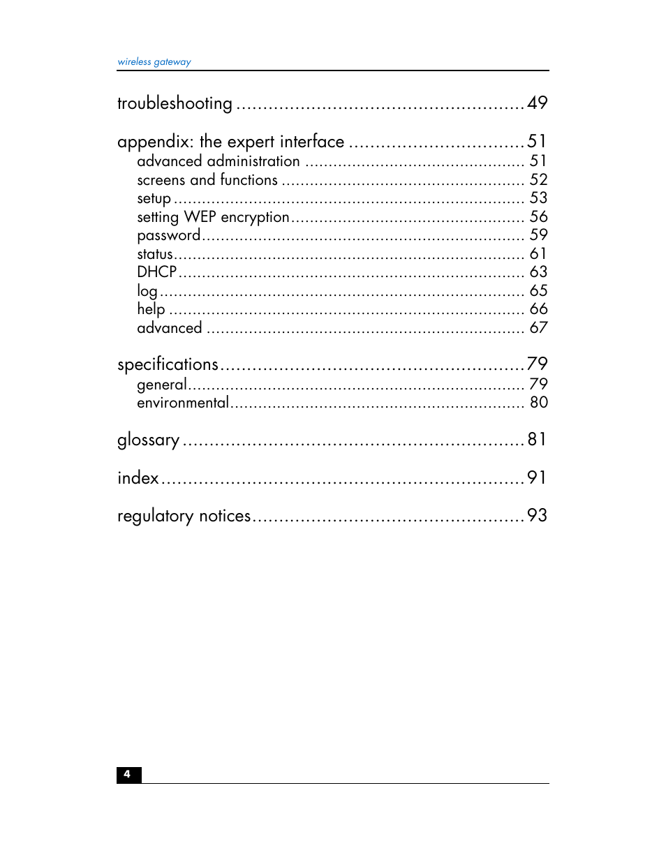 Troubleshooting appendix: the expert interface, Specifications, Glossary index regulatory notices | HP hn200w User Manual | Page 4 / 94