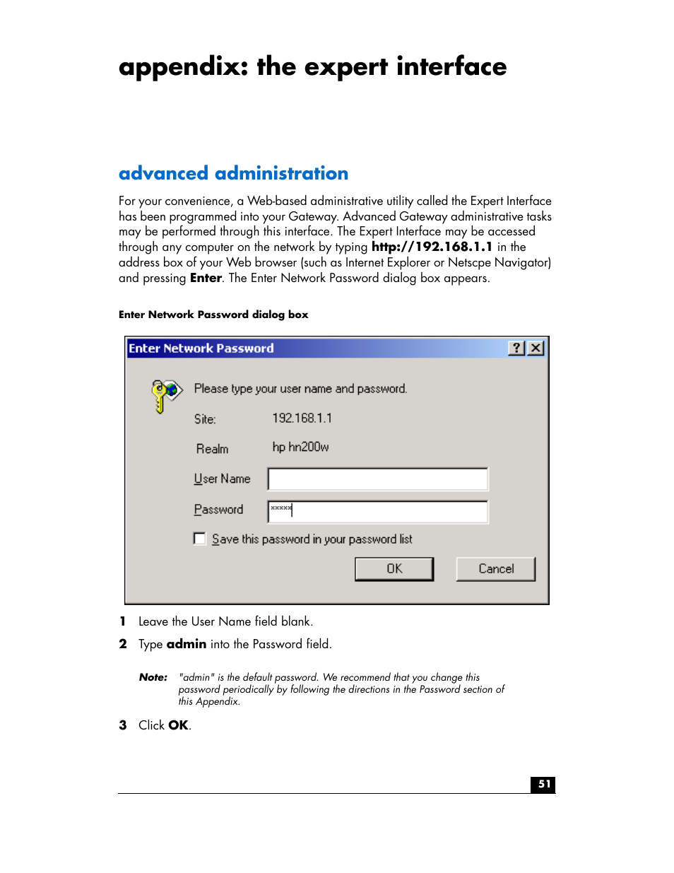 Appendix: the expert interface, Advanced administration | HP hn200w User Manual | Page 51 / 94