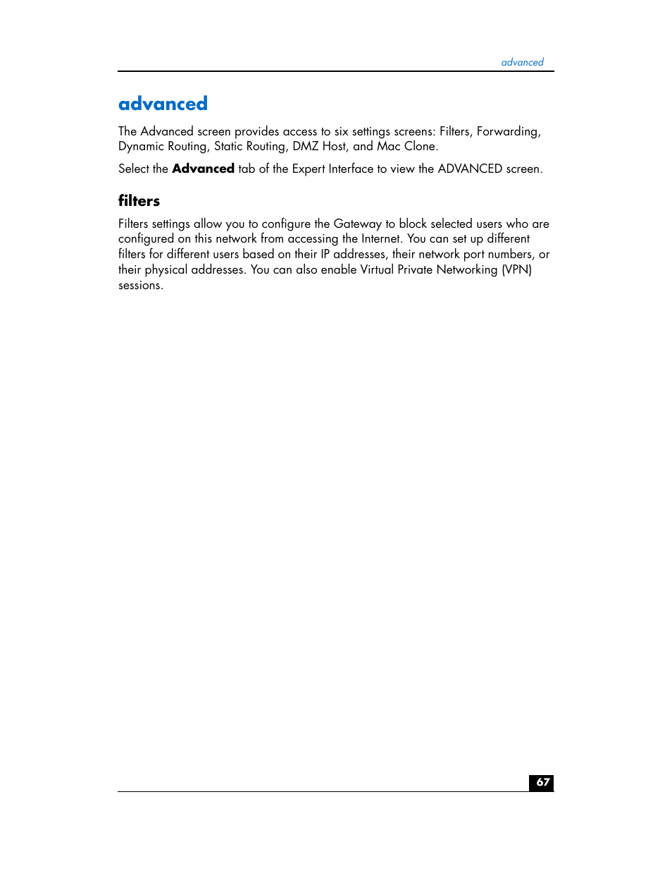 Advanced, Filters | HP hn200w User Manual | Page 67 / 94