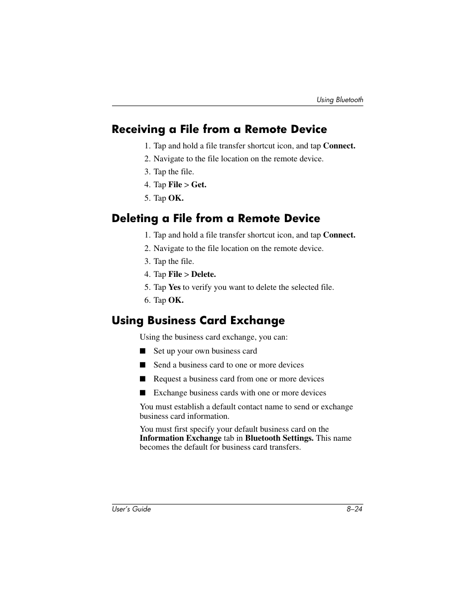 Receiving a file from a remote device, Deleting a file from a remote device, Using business card exchange | HP h4000 User Manual | Page 100 / 141