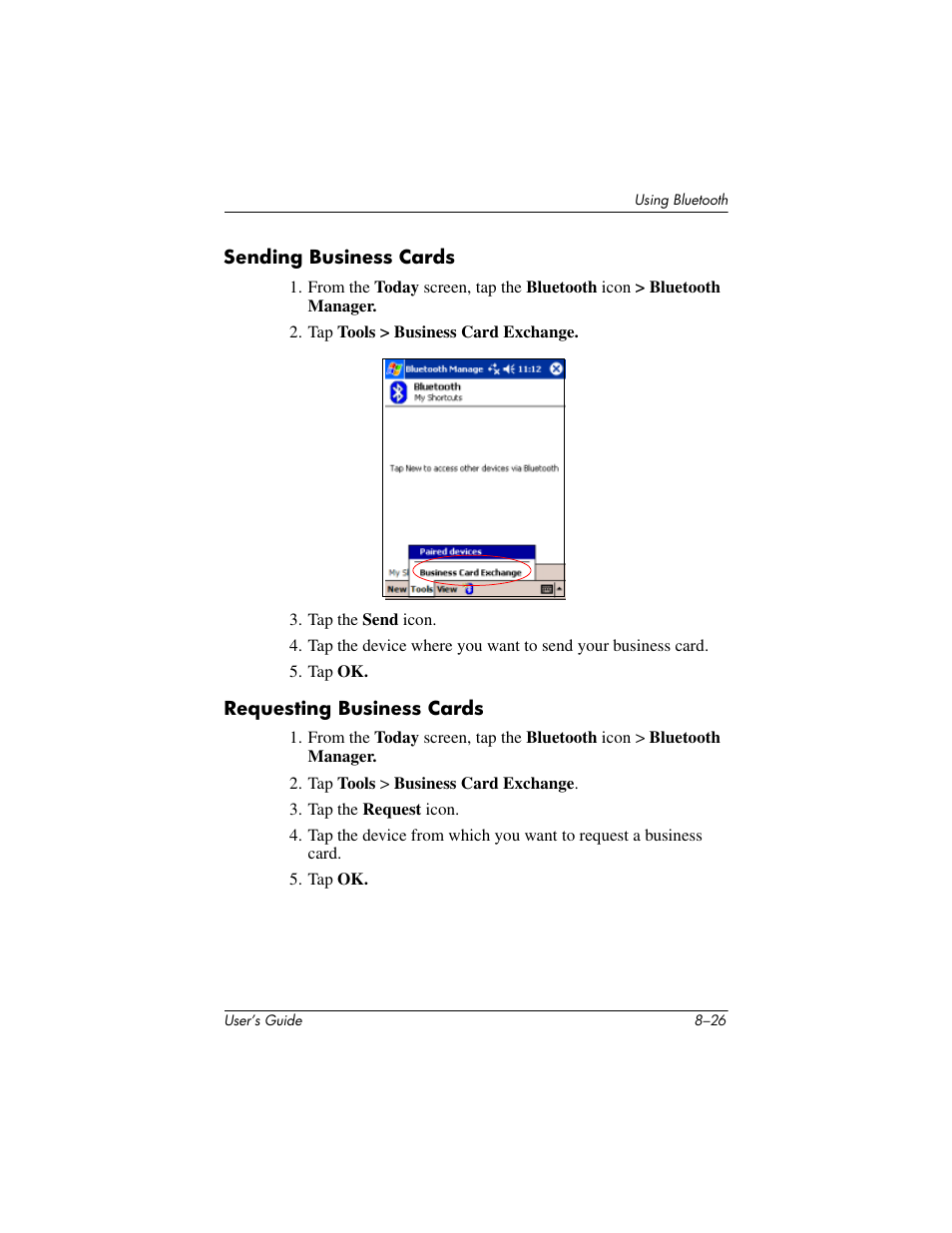 Sending business cards, Requesting business cards | HP h4000 User Manual | Page 102 / 141
