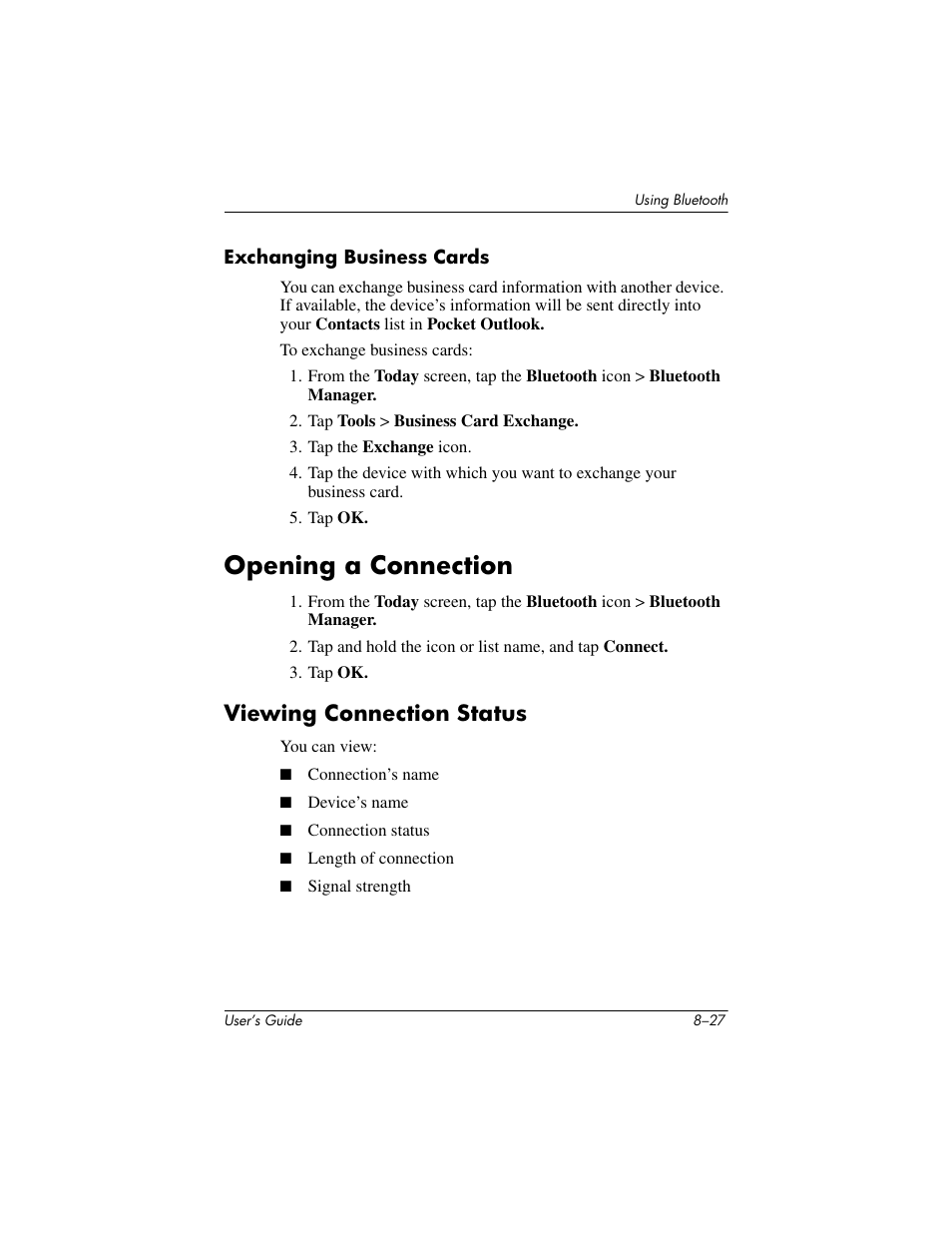 Exchanging business cards, Opening a connection, Viewing connection status | Opening a connection –27, Viewing connection status –27 | HP h4000 User Manual | Page 103 / 141