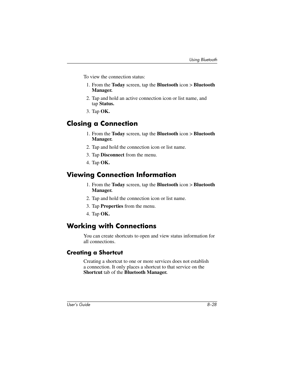 Closing a connection, Viewing connection information, Working with connections | Creating a shortcut | HP h4000 User Manual | Page 104 / 141