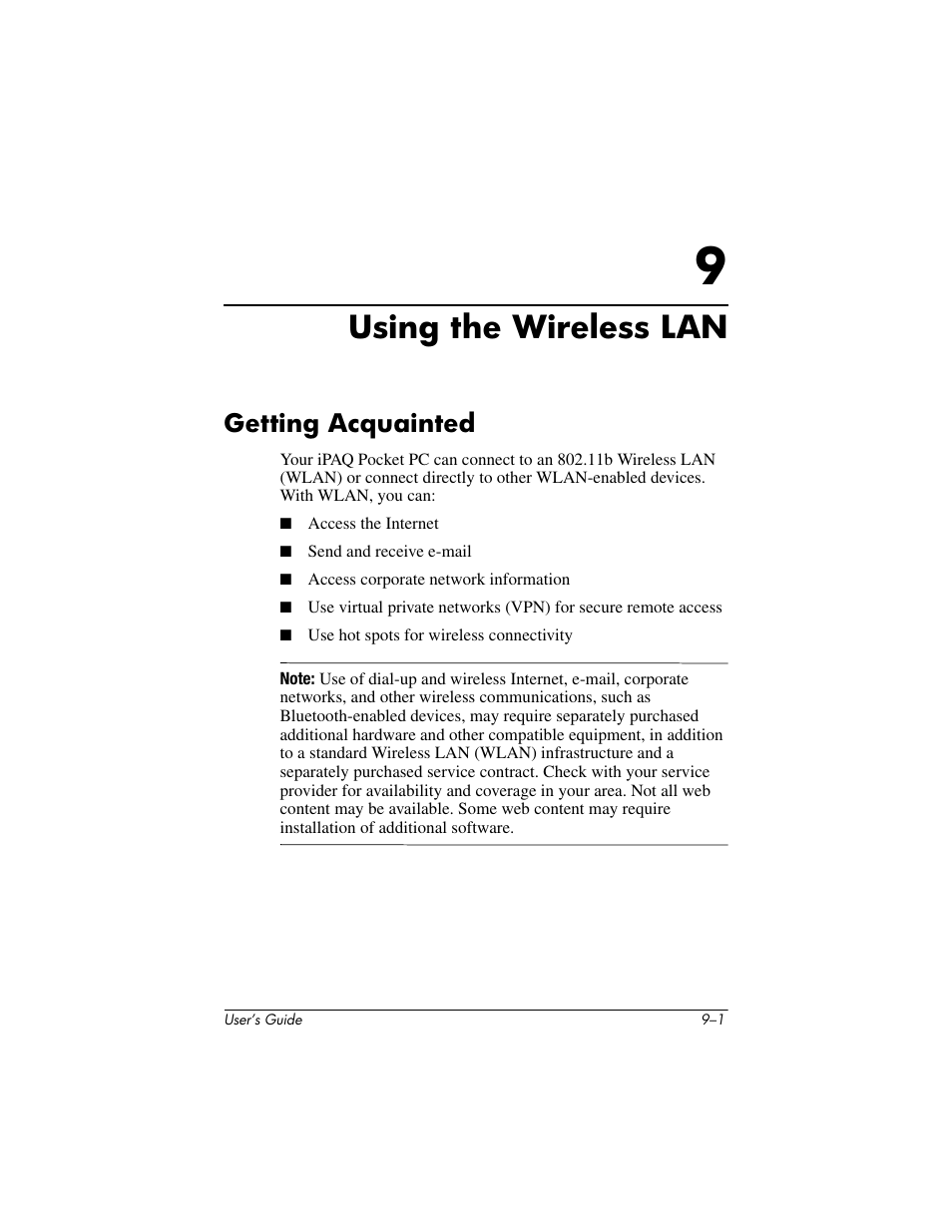 Using the wireless lan, Getting acquainted, 9 using the wireless lan | Getting acquainted –1 | HP h4000 User Manual | Page 106 / 141