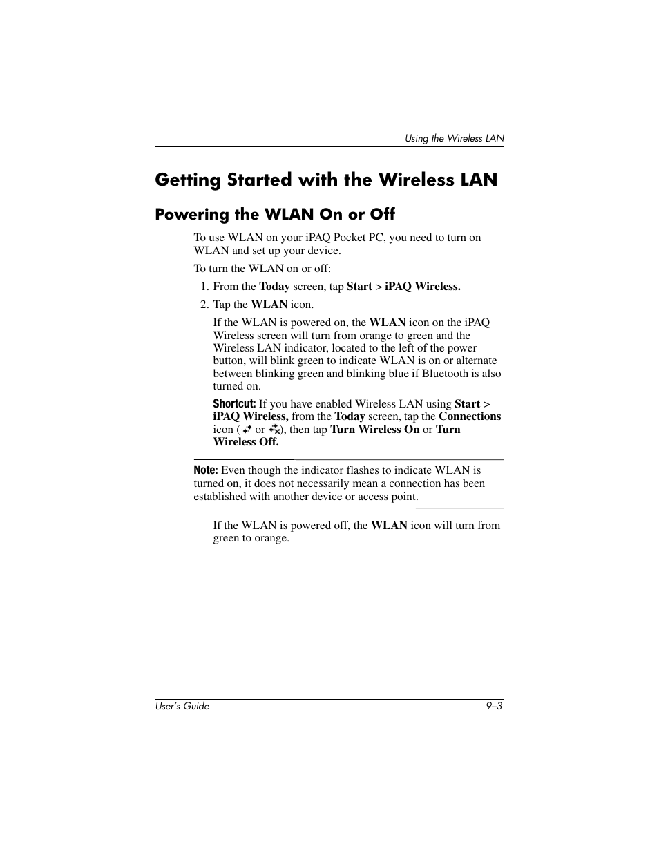 Getting started with the wireless lan, Powering the wlan on or off, Getting started with the wireless lan –3 | Powering the wlan on or off –3 | HP h4000 User Manual | Page 108 / 141