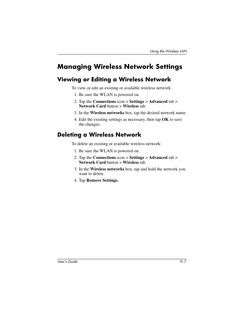 Managing wireless network settings, Viewing or editing a wireless network, Deleting a wireless network | Managing wireless network settings –7 | HP h4000 User Manual | Page 112 / 141