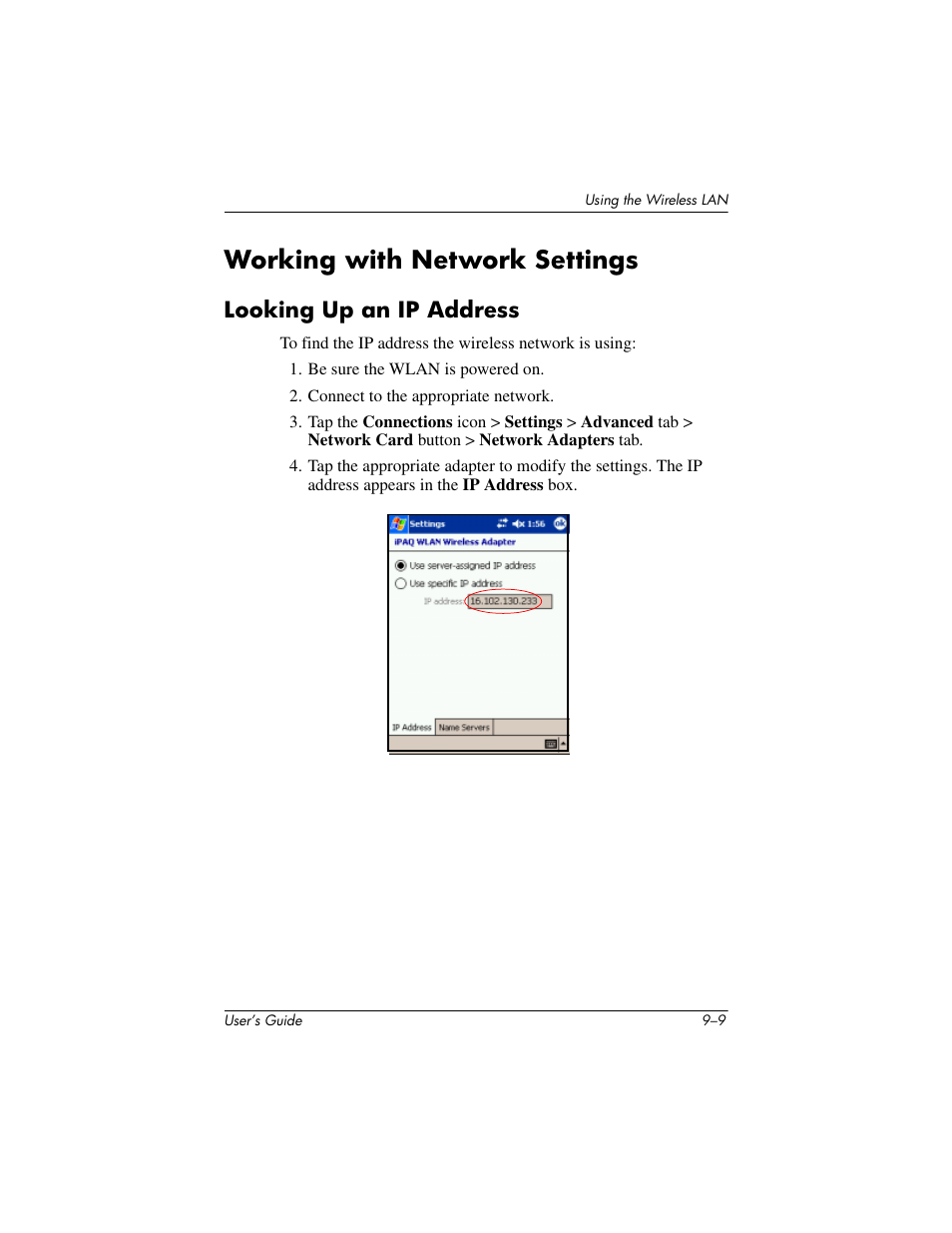 Working with network settings, Looking up an ip address, Working with network settings –9 | Looking up an ip address –9 | HP h4000 User Manual | Page 114 / 141