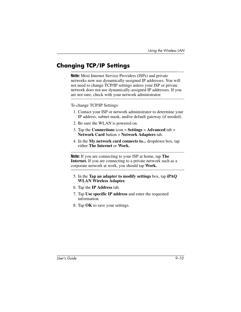 Changing tcp/ip settings, Changing tcp/ip settings –10 | HP h4000 User Manual | Page 115 / 141