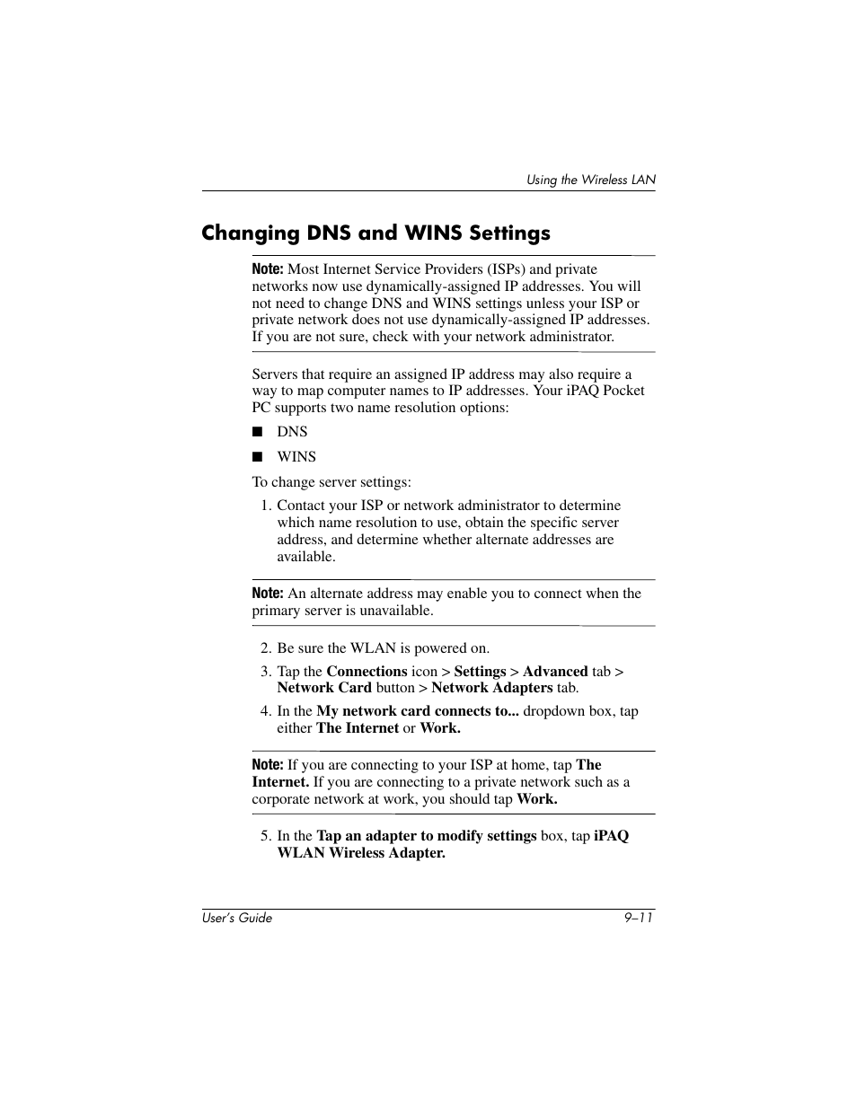 Changing dns and wins settings, Changing dns and wins settings –11 | HP h4000 User Manual | Page 116 / 141