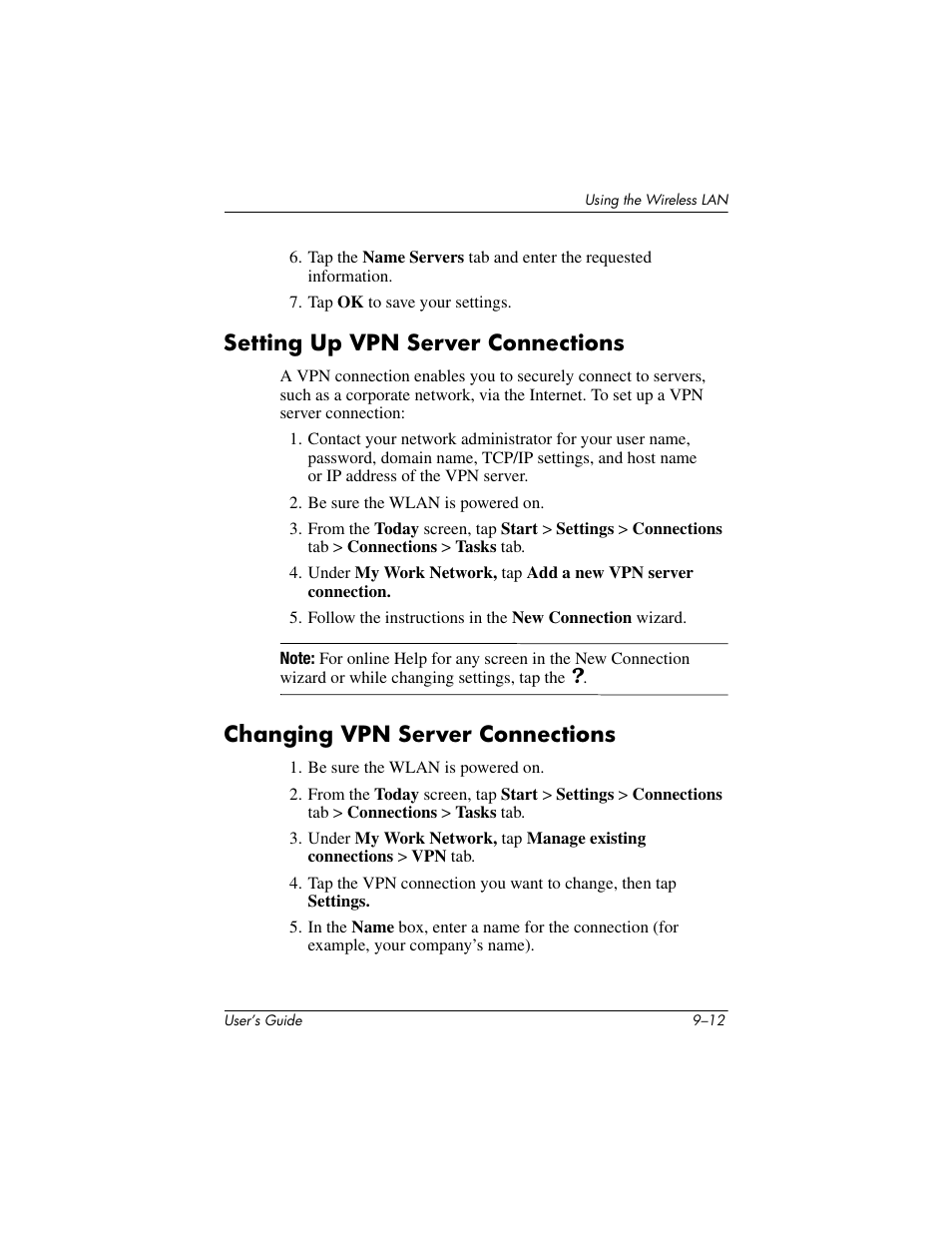 Setting up vpn server connections, Changing vpn server connections, Setting up | Vpn server connections | HP h4000 User Manual | Page 117 / 141