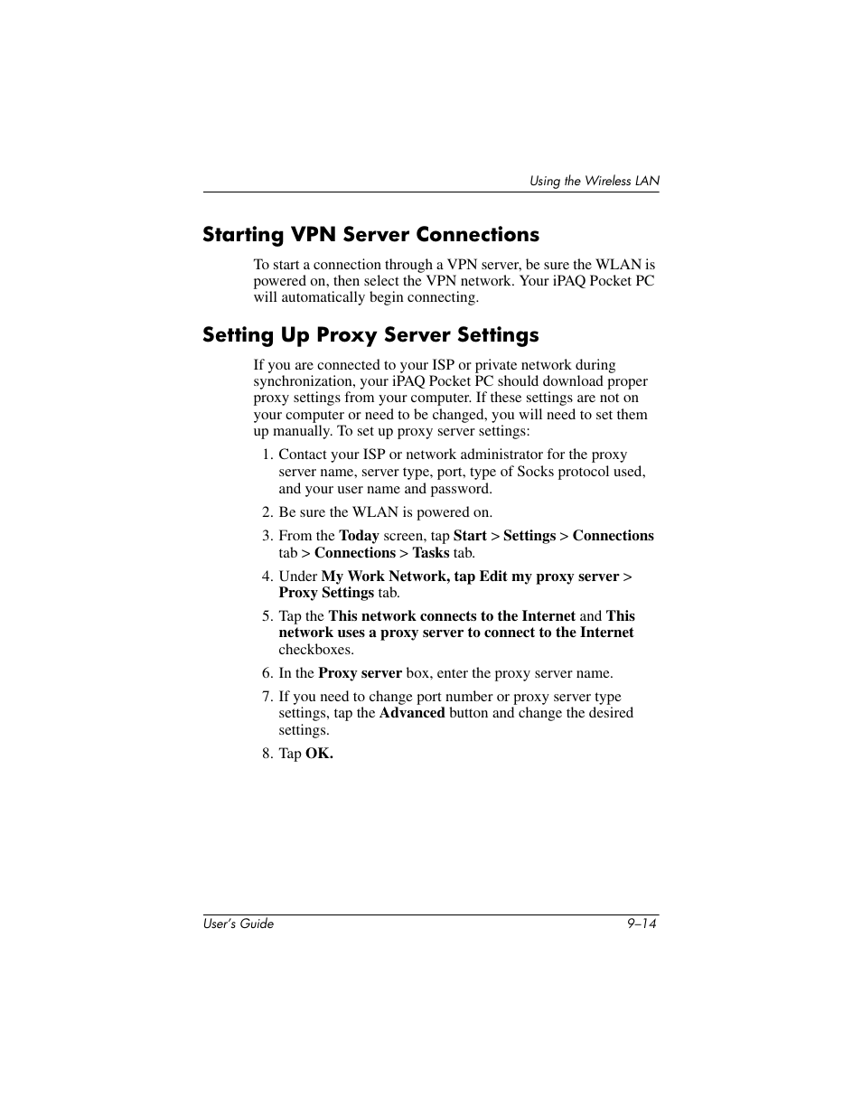 Starting vpn server connections, Setting up proxy server settings, Setting up proxy server | Settings | HP h4000 User Manual | Page 119 / 141