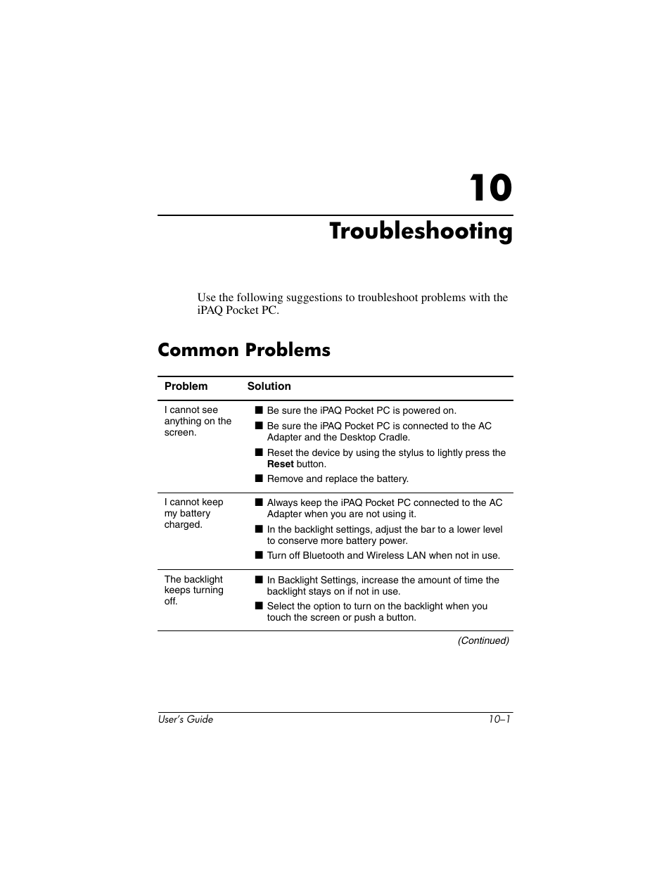 Troubleshooting, Common problems, 10 troubleshooting | Common problems –1 | HP h4000 User Manual | Page 120 / 141