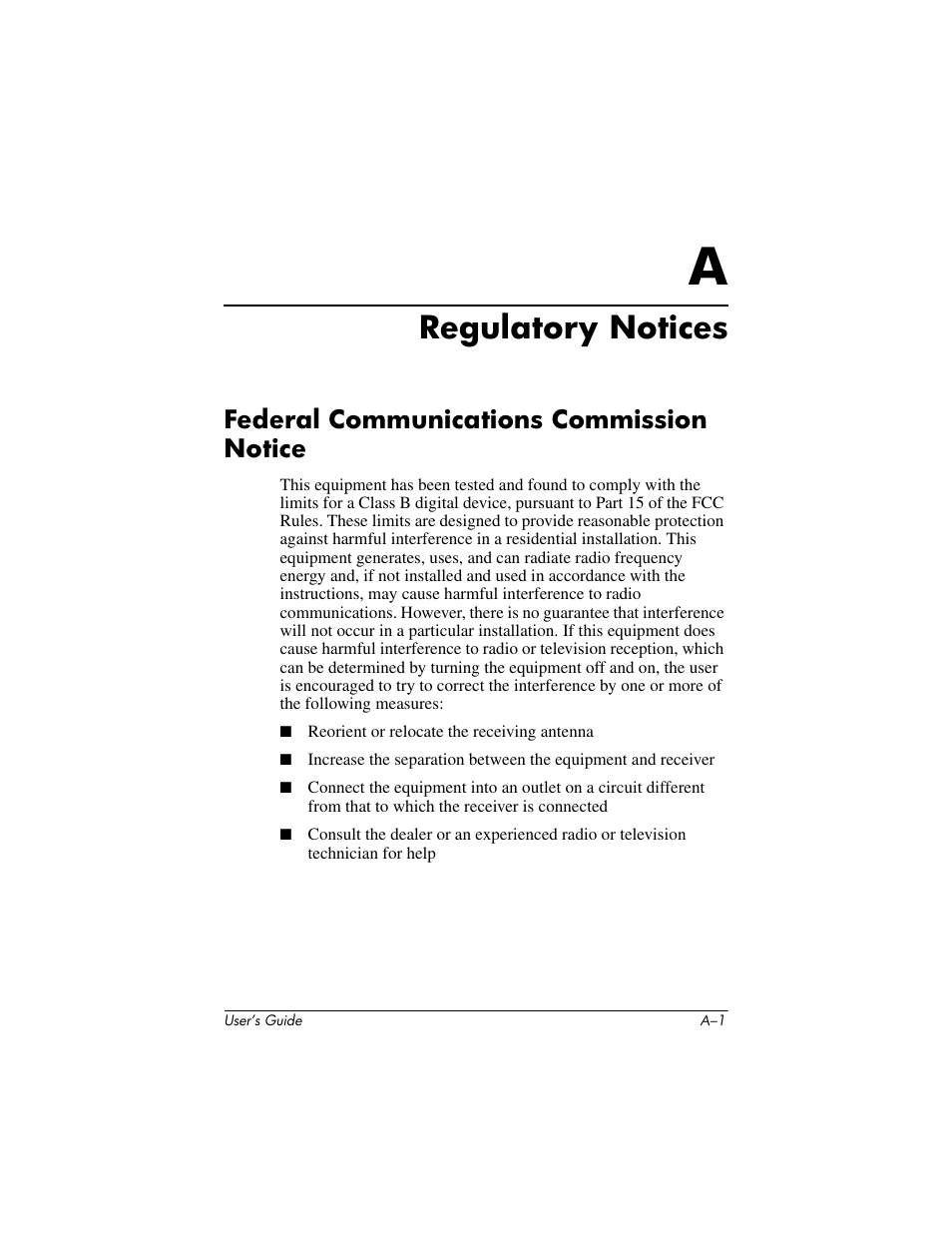 Regulatory notices, Federal communications commission notice, A regulatory notices | HP h4000 User Manual | Page 131 / 141