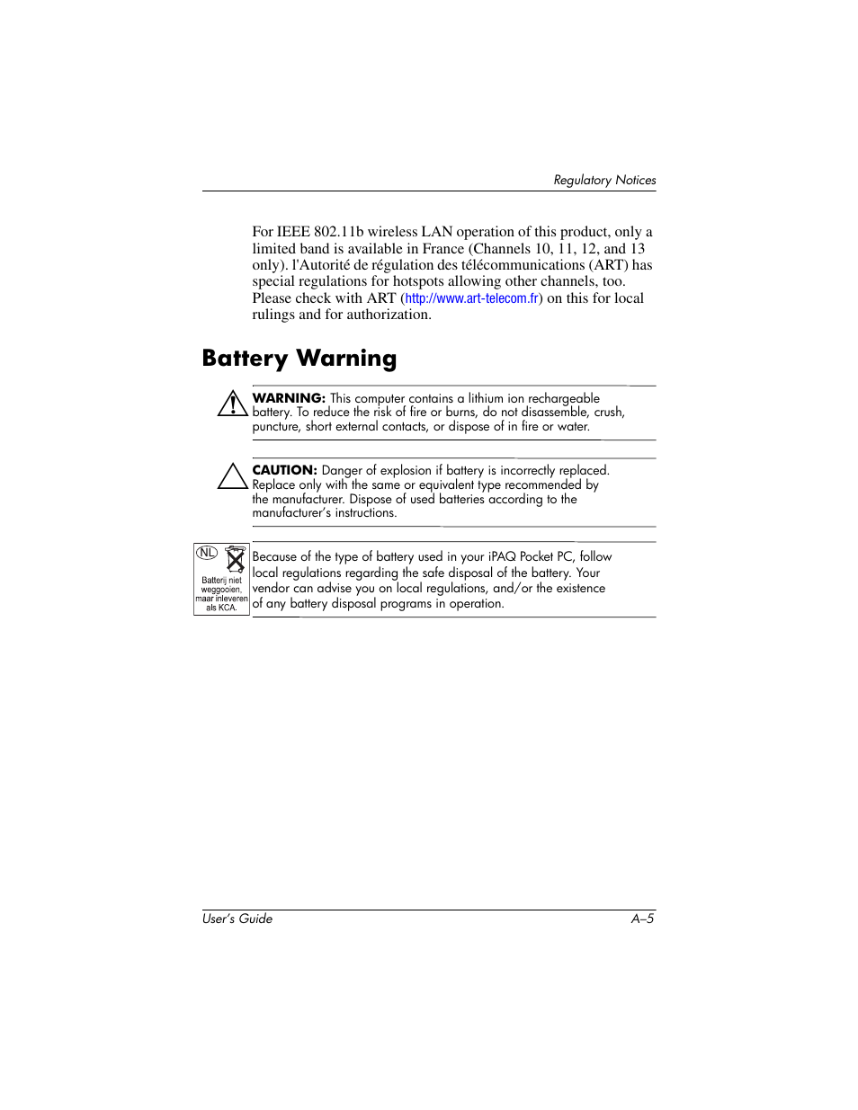 Battery warning | HP h4000 User Manual | Page 135 / 141