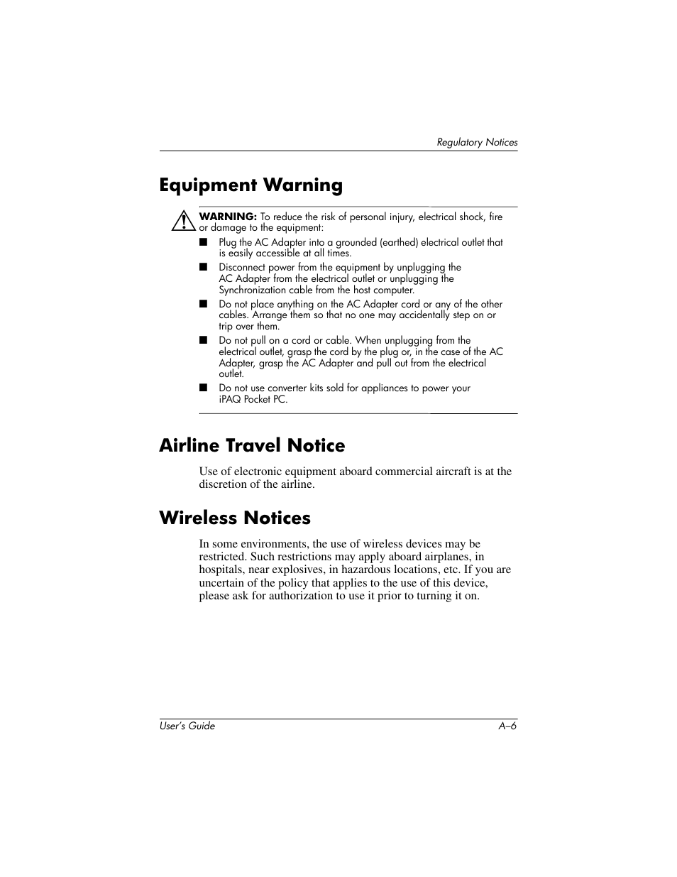 Equipment warning, Airline travel notice, Wireless notices | HP h4000 User Manual | Page 136 / 141