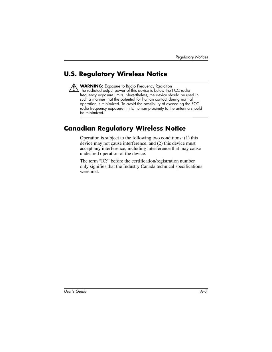 U.s. regulatory wireless notice, Canadian regulatory wireless notice | HP h4000 User Manual | Page 137 / 141