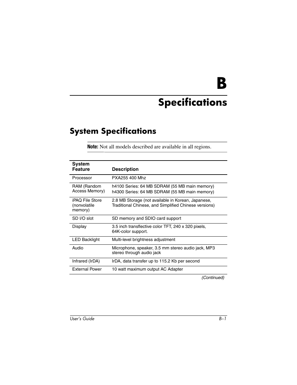 Specifications, System specifications, B specifications | HP h4000 User Manual | Page 139 / 141