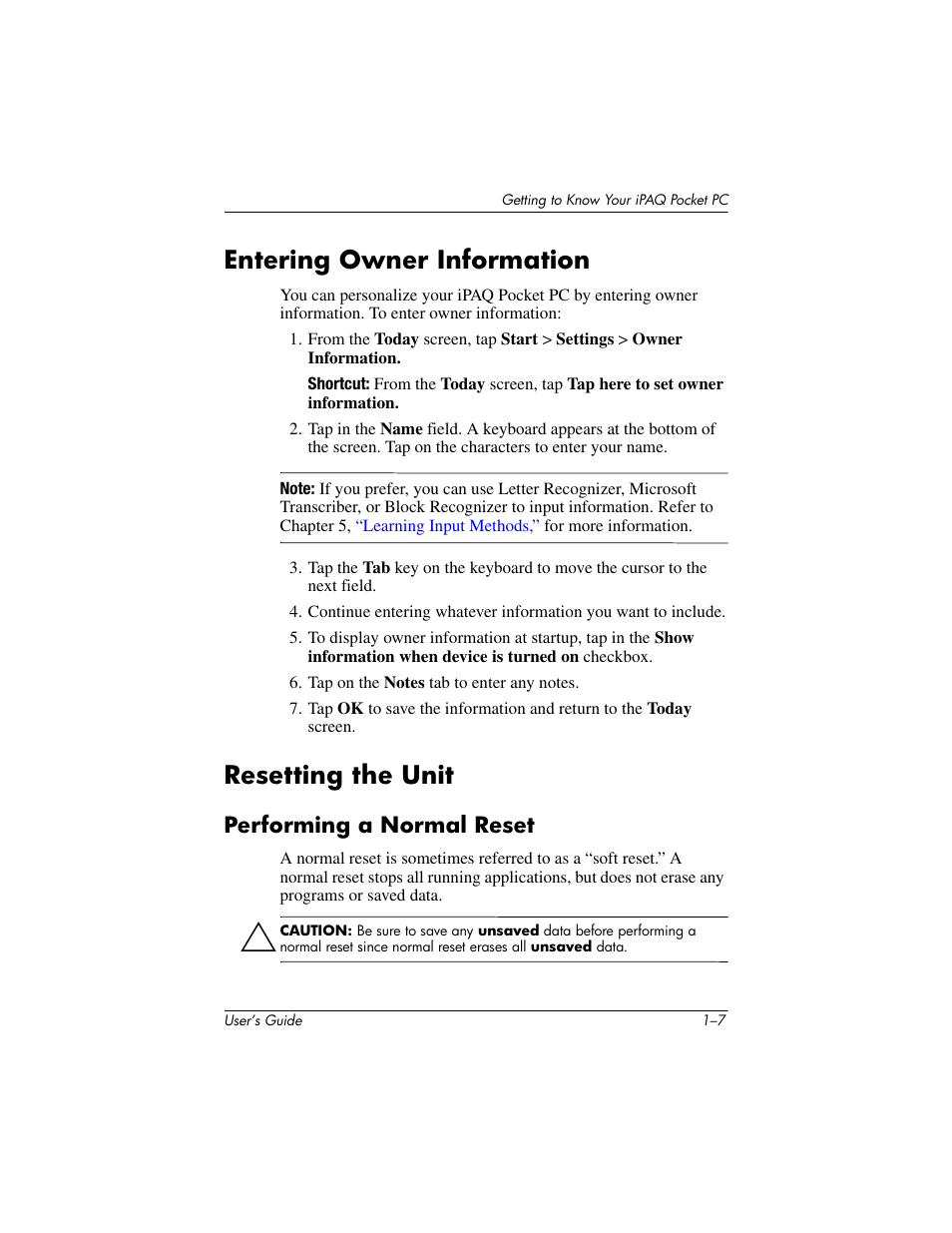 Entering owner information, Resetting the unit, Performing a normal reset | Performing a normal reset –7 | HP h4000 User Manual | Page 15 / 141