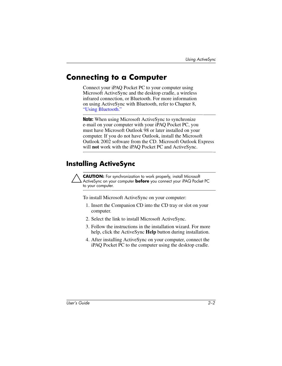 Connecting to a computer, Installing activesync, Connecting to a computer –2 | Installing activesync –2 | HP h4000 User Manual | Page 20 / 141