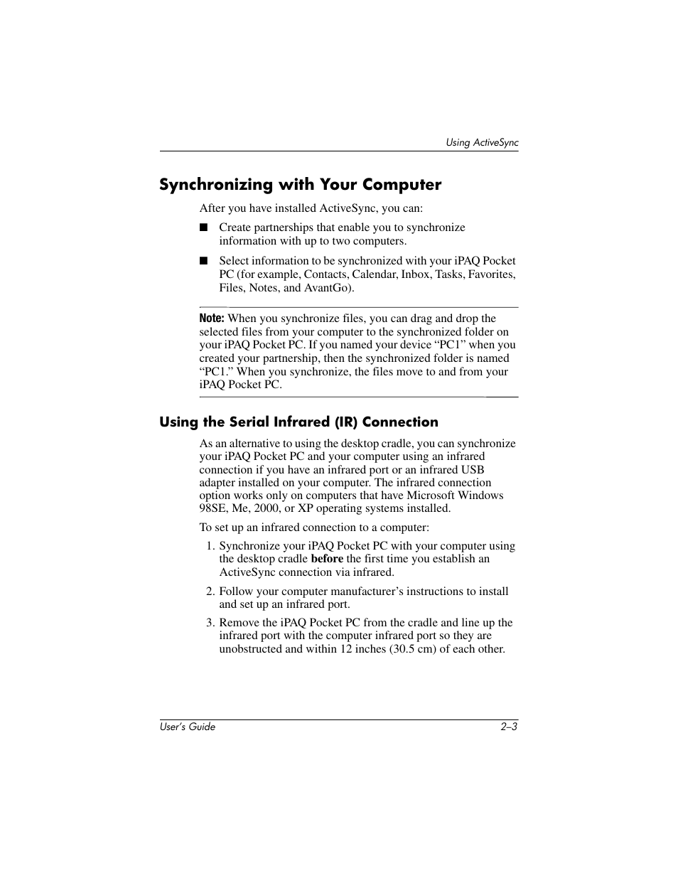 Synchronizing with your computer, Using the serial infrared (ir) connection, Synchronizing with your computer –3 | HP h4000 User Manual | Page 21 / 141