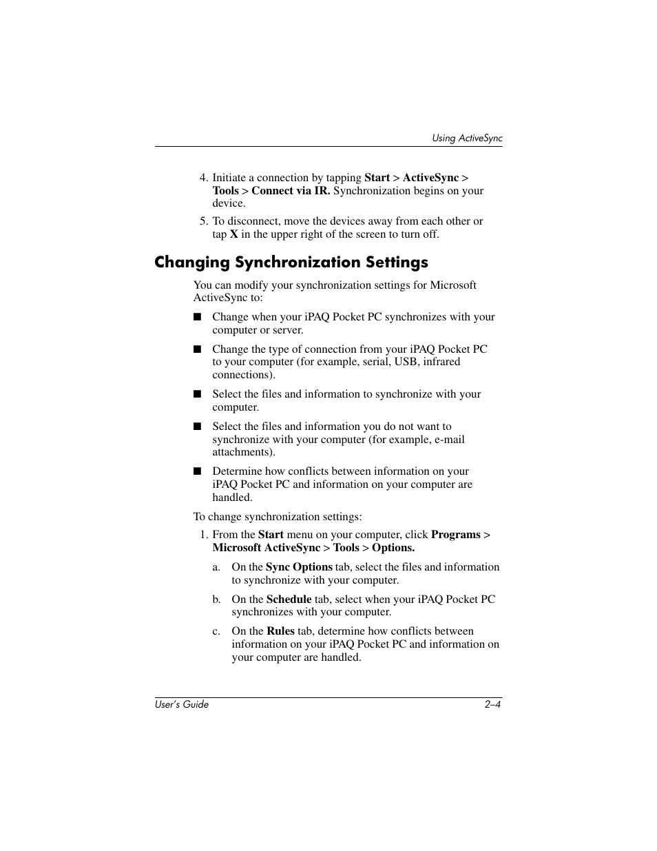 Changing synchronization settings, Changing synchronization settings –4 | HP h4000 User Manual | Page 22 / 141