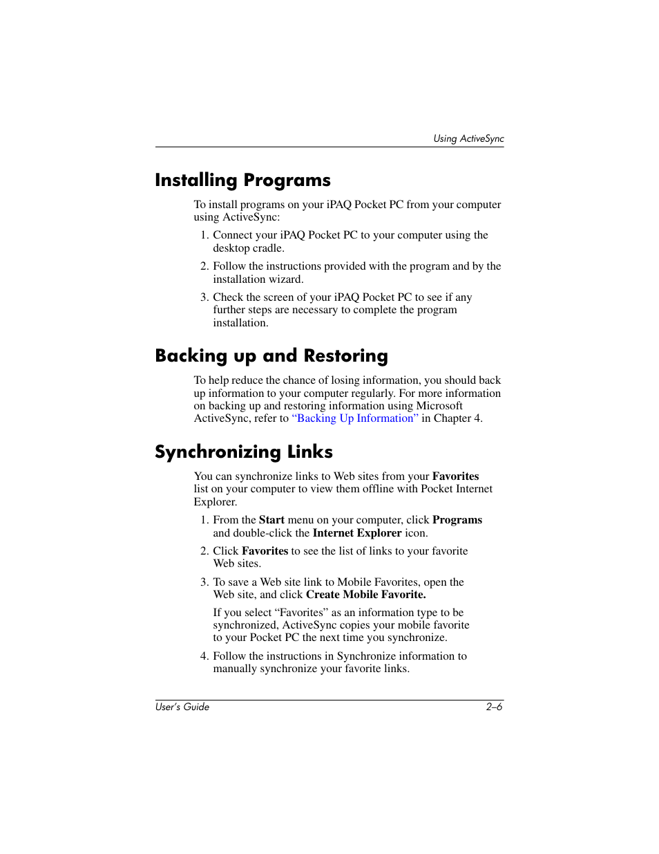 Installing programs, Backing up and restoring, Synchronizing links | HP h4000 User Manual | Page 24 / 141