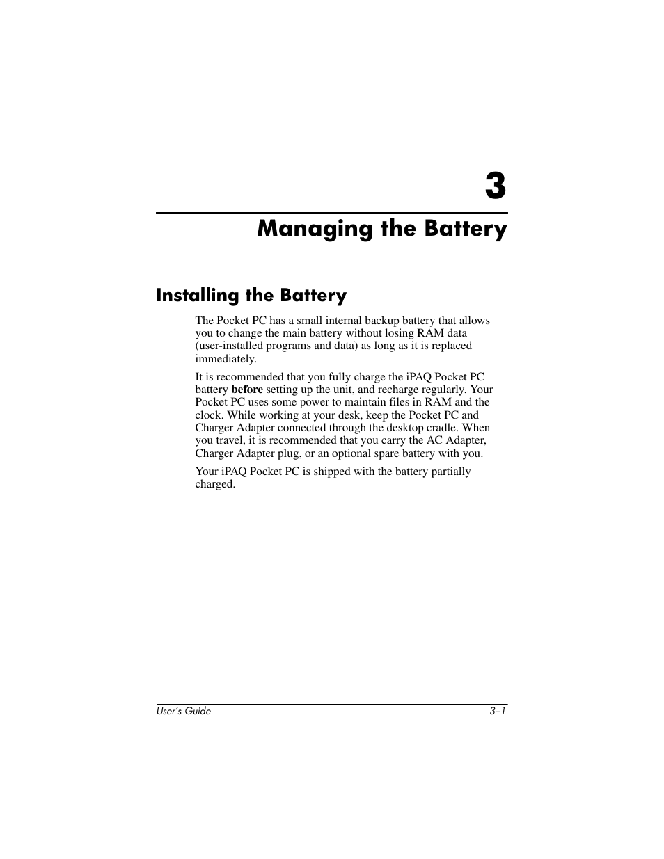 Managing the battery, Installing the battery, 3 managing the battery | Installing the battery –1 | HP h4000 User Manual | Page 26 / 141