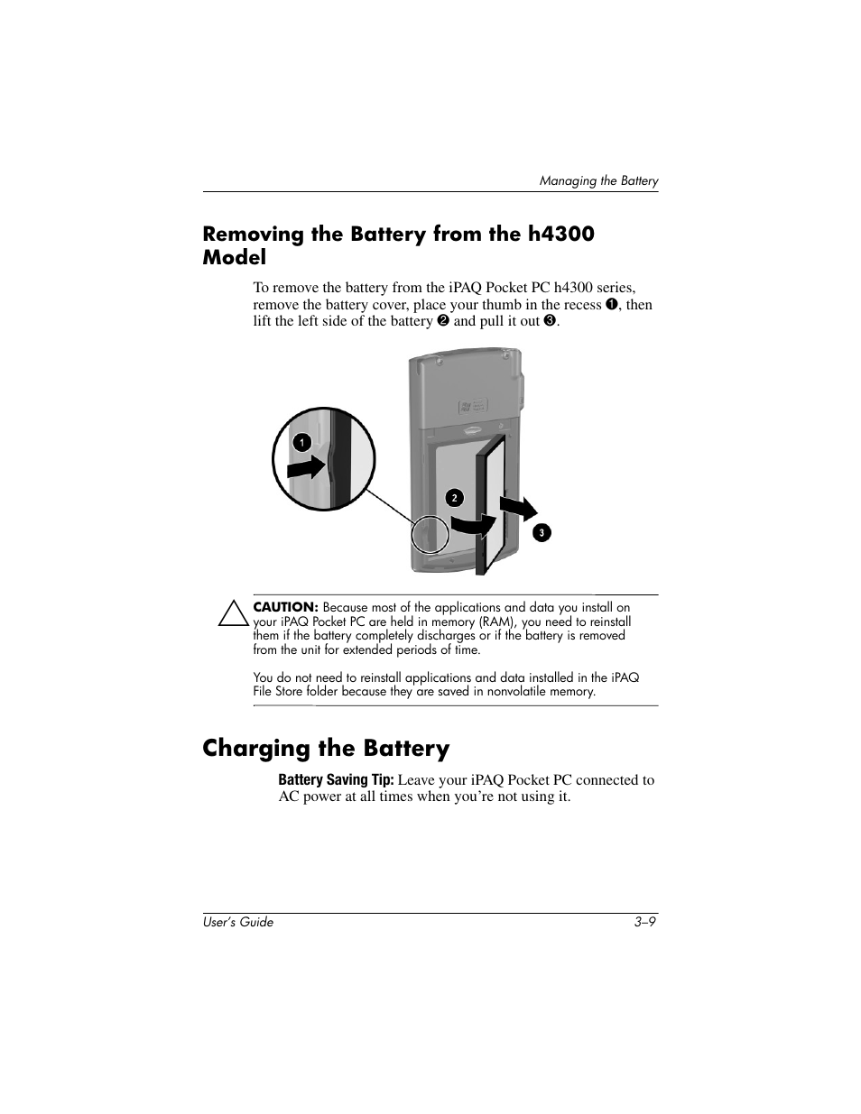 Removing the battery from the h4300 model, Charging the battery, Removing the battery from the h4300 model –9 | Charging the battery –9 | HP h4000 User Manual | Page 34 / 141