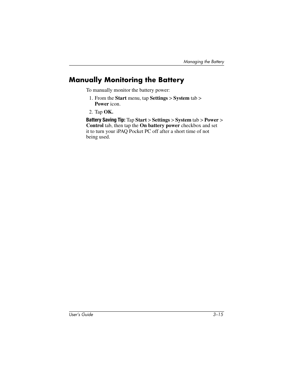 Manually monitoring the battery, Manually monitoring the battery –15 | HP h4000 User Manual | Page 40 / 141