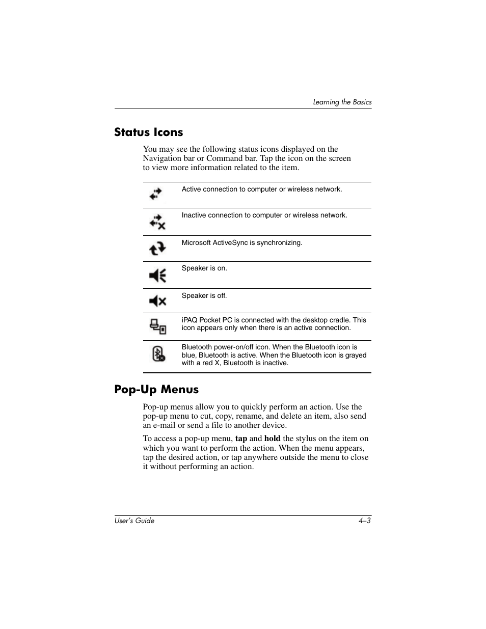 Status icons, Pop-up menus, Status icons –3 pop-up menus –3 | HP h4000 User Manual | Page 43 / 141