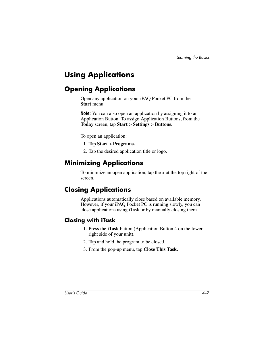 Using applications, Opening applications, Minimizing applications | Closing applications, Closing with itask, Using applications –7 | HP h4000 User Manual | Page 47 / 141