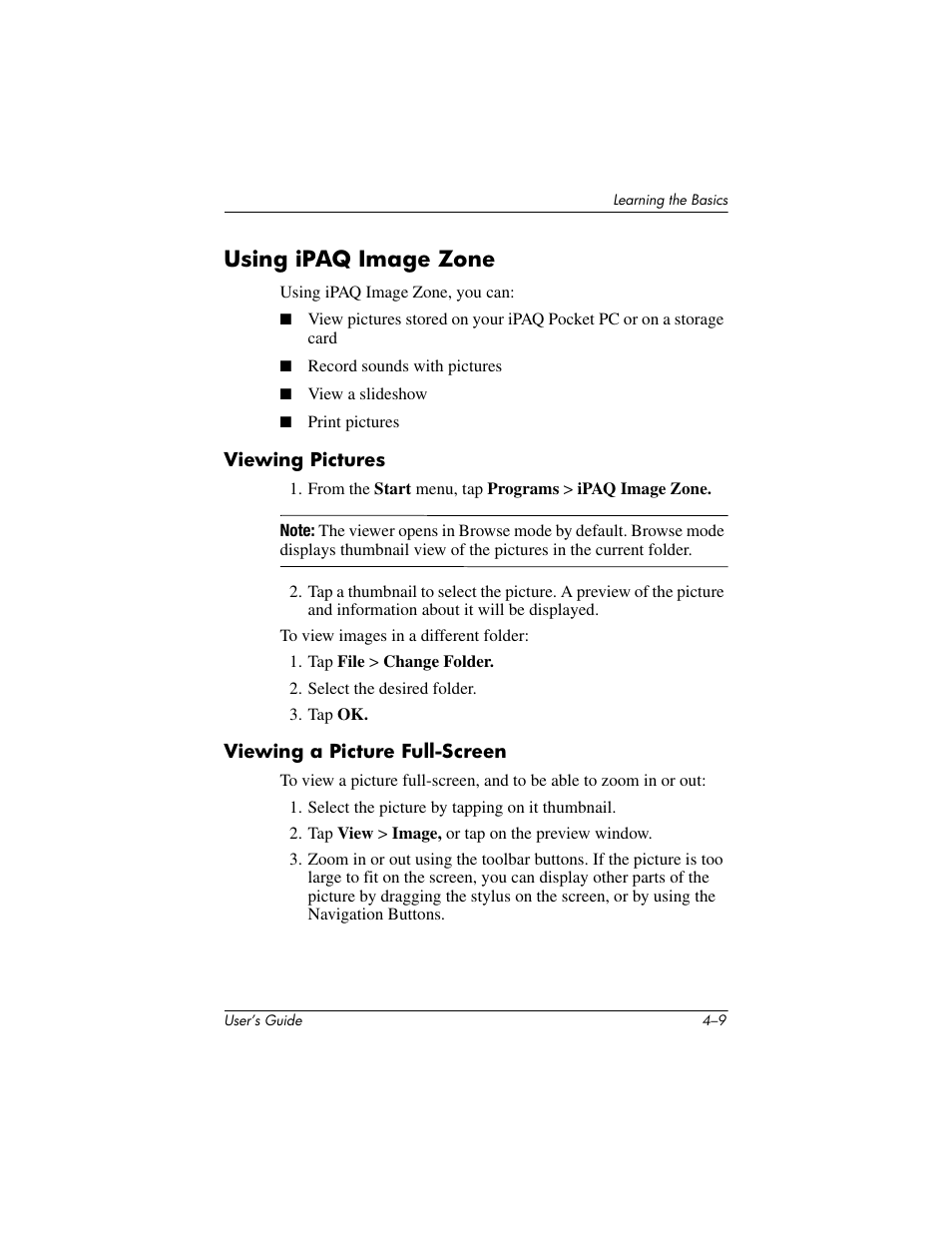 Using ipaq image zone, Viewing pictures, Viewing a picture full-screen | Using ipaq image zone –9 | HP h4000 User Manual | Page 49 / 141